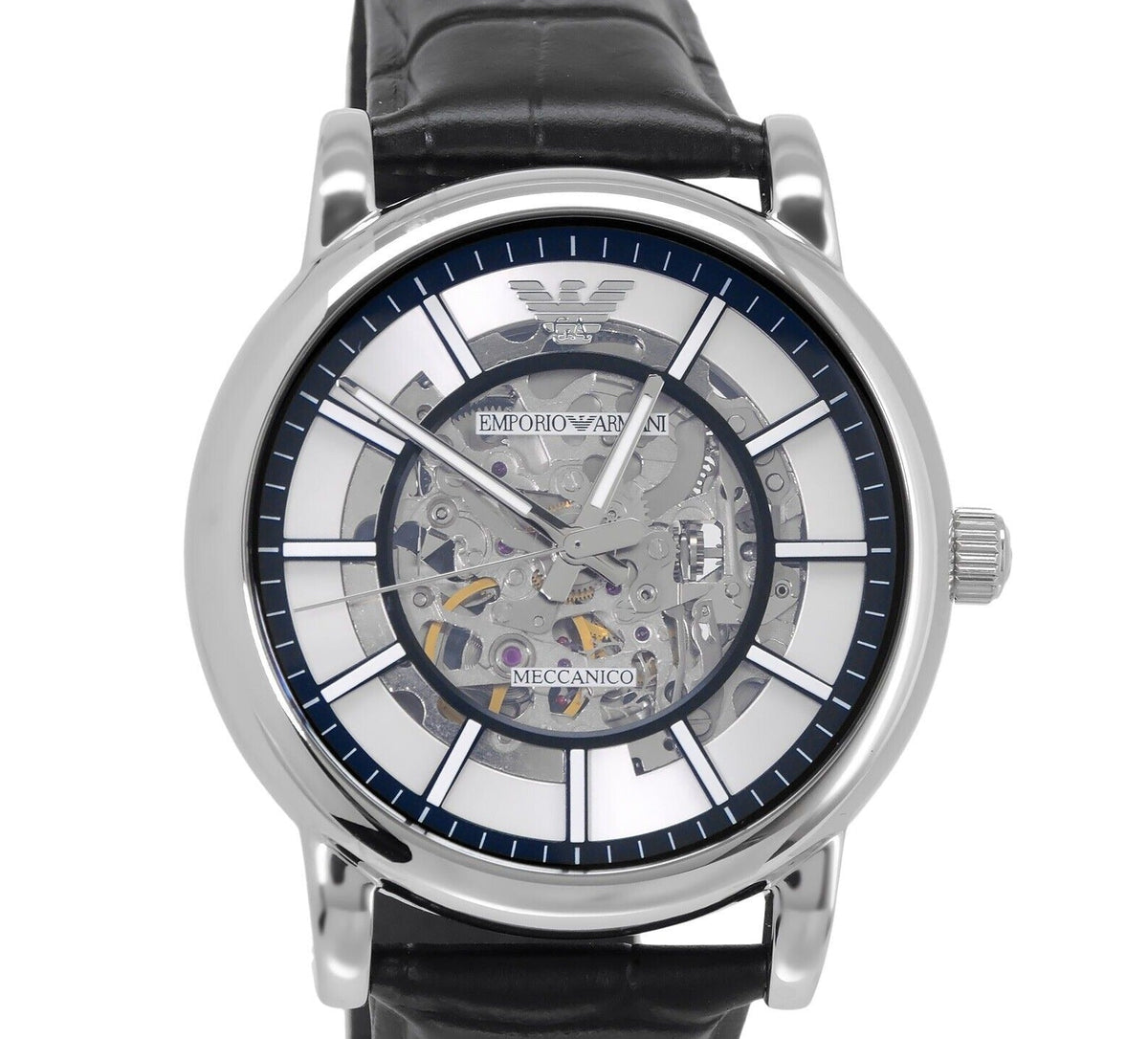 Shop Authentic Emporio Armani Luigi Silver Skeleton Dial Black Leather Strap Watch For Men - AR1981 - Luxxuri