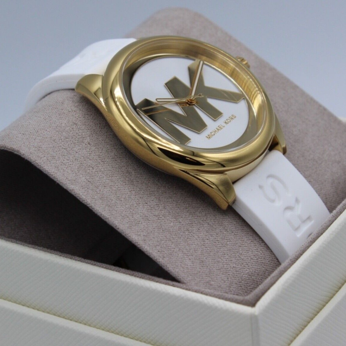  Shop Authentic Michael Kors Janelle Three Hand Silver Dial White Rubber Strap Watch For Women - MK7141 - Luxxuri