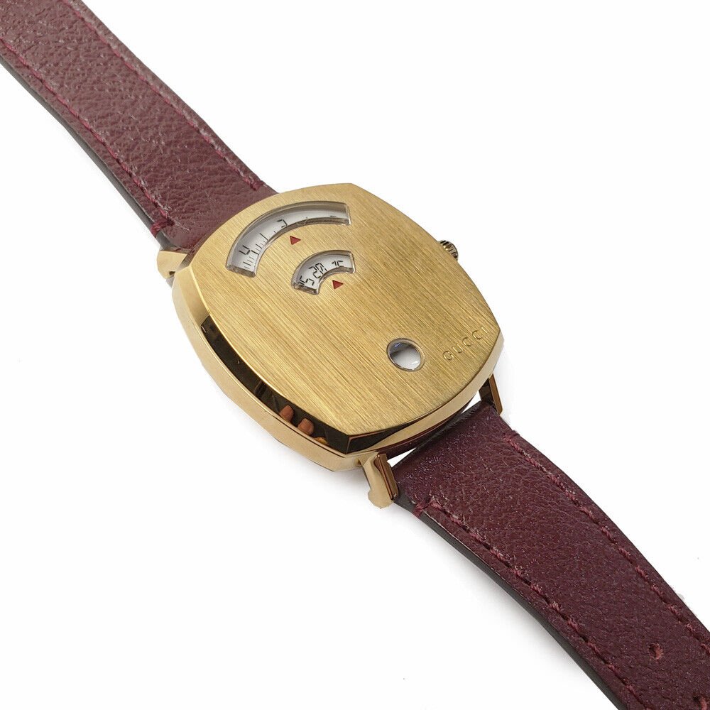  Shop Authentic Gucci Grip Quartz Yellow Gold Dial Maroon Leather Strap Watch For Women - YA157405 - Luxxuri