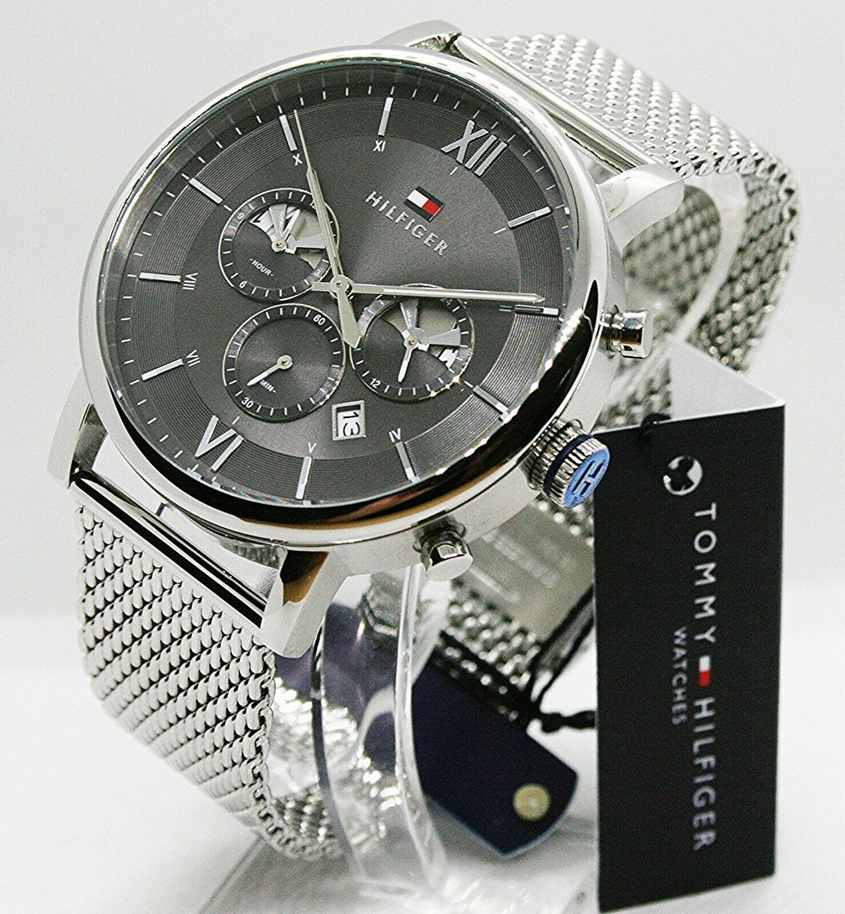  Shop Authentic Tommy Hilfiger Evan Grey Dial Silver Mesh Bracelet Watch for Men - 1710396 - Luxxuri
