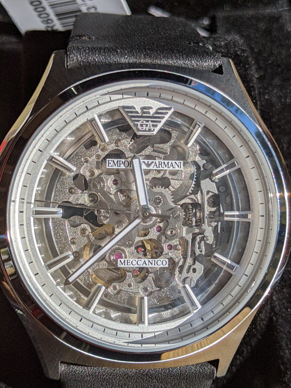  Shop Authentic Emporio Armani Meccanico White Skeleton Dial Black Leather Strap Watch For Men - AR60003 - Luxxuri