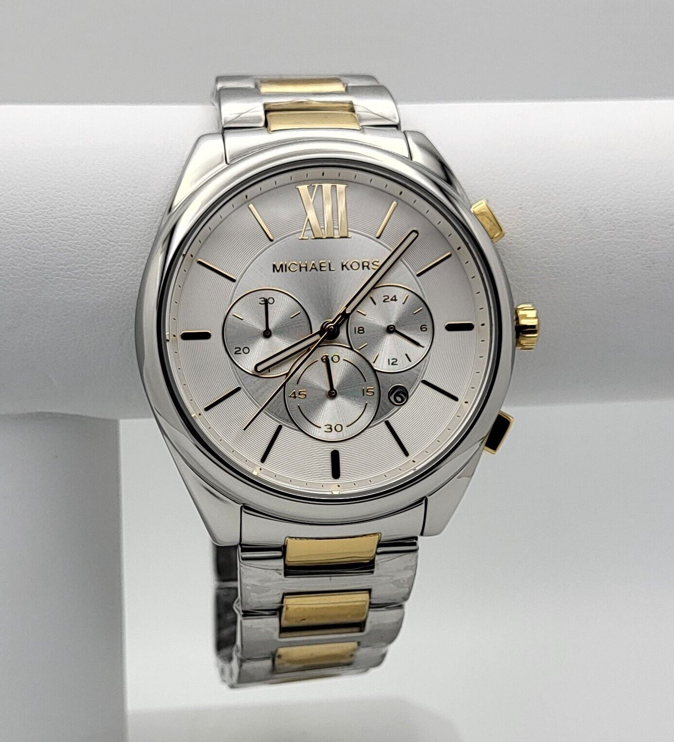  Shop Authentic Michael Kors Janelle Chronograph Silver Dial Two Tone Steel Strap Watch For Men - MK8994 - Luxxuri