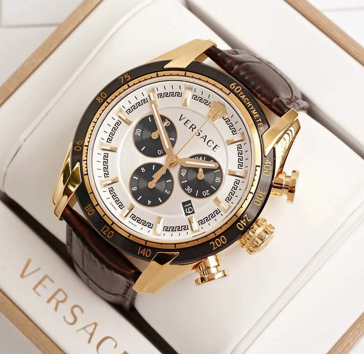  Shop Authentic Versace V-Ray Chronograph White Dial Black Leather Strap Watch for Men - VDB040014 - Luxxuri