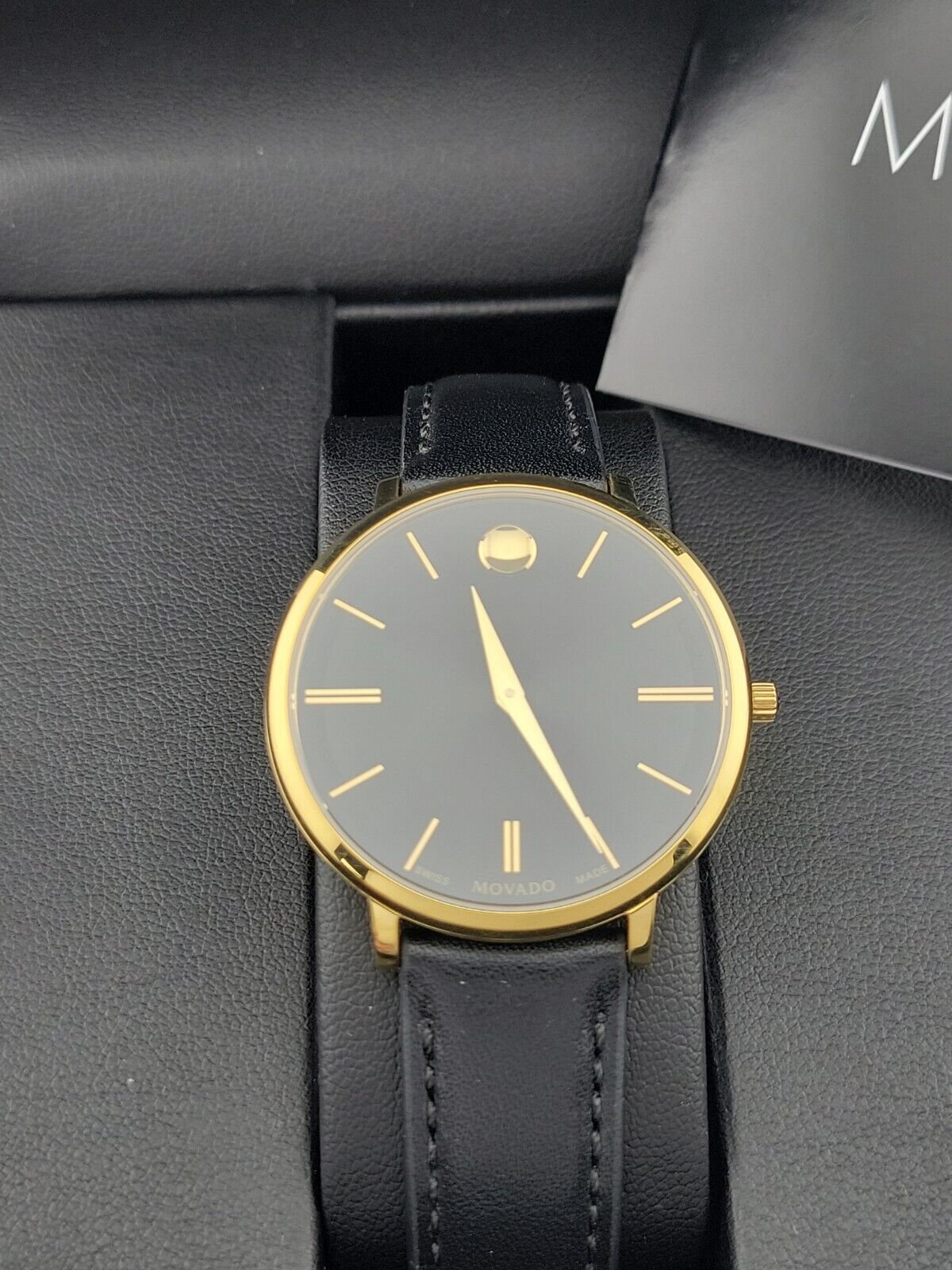 Shop Authentic Movado Ultra Slim Black Dial Black Leather Strap Watch For Women - 0607091 - Luxxuri