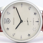  Shop Authentic Gucci G Timeless Automatic Silver Dial Red Leather Strap Watch For Men - YA126346 - Luxxuri