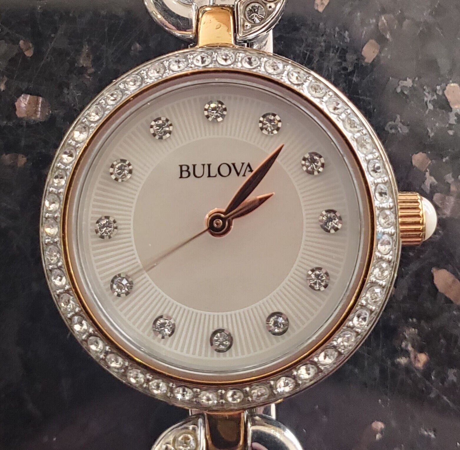  Shop Authentic Bulova Crystals Mother of Pearl Dial Two Tone Steel Strap Watch for Women - 98X108 - Luxxuri