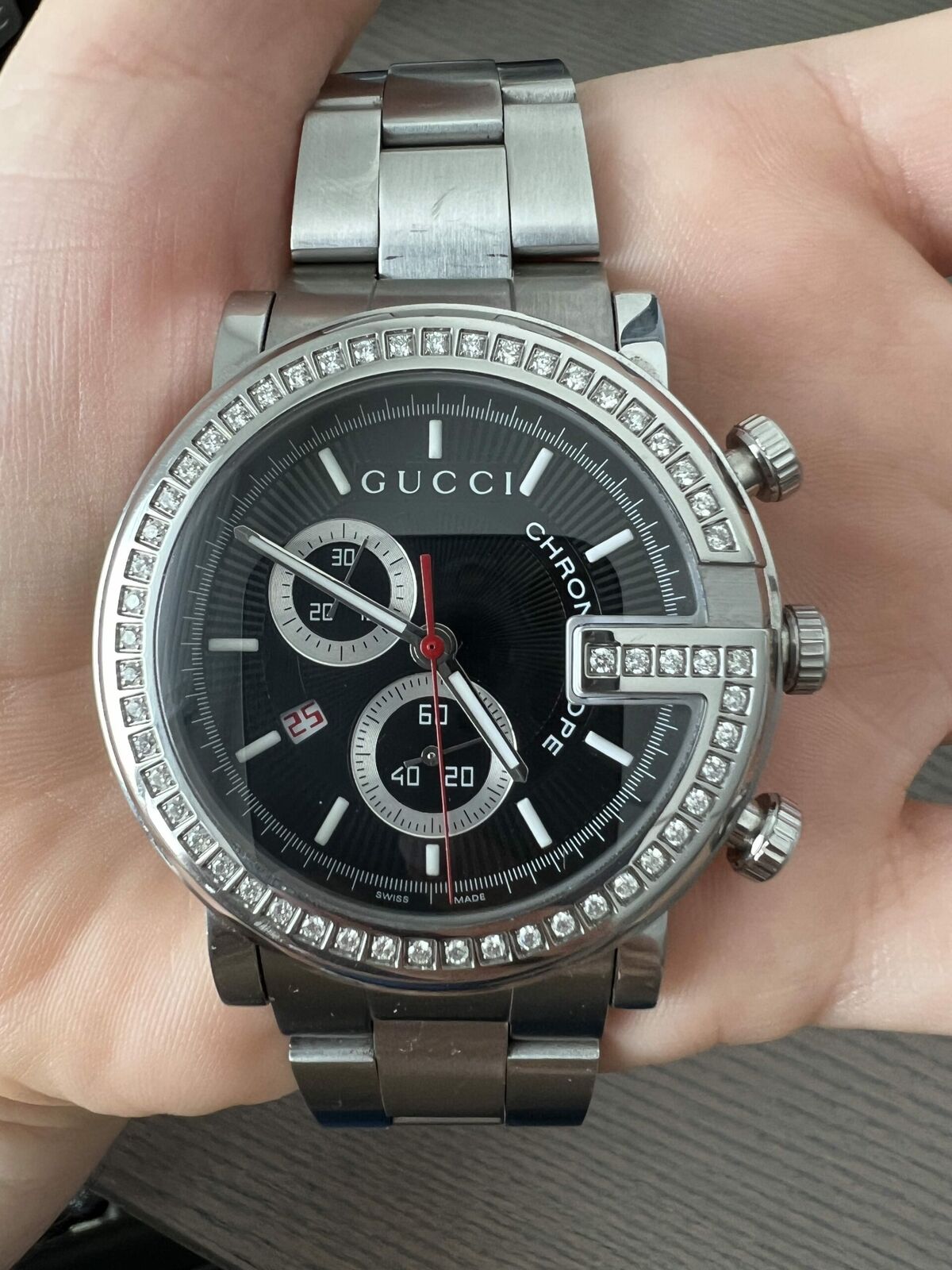  Shop Authentic Gucci G Chrono Diamonds Black Dial Silver Steel Strap Watch For Men - YA101324 - Luxxuri