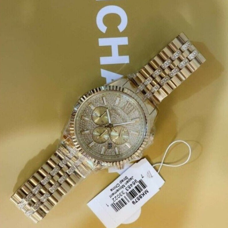 Michael Kors Lexington Chronograph Gold Dial Gold Steel Strap Watch For Men - MK8579