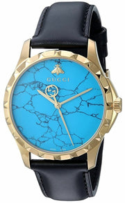  Shop Authentic Gucci G Timeless Turquoise Blue Dial Black Leather Strap Watch For Men - YA126462 - Luxxuri