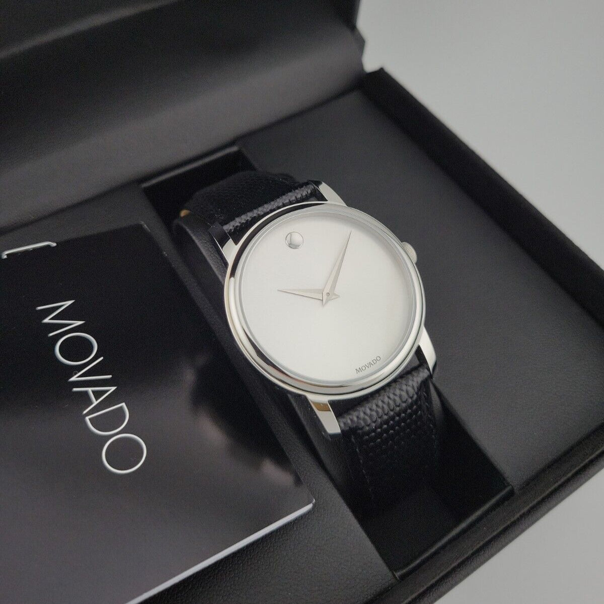  Shop Authentic Movado Museum Quartz Silver Dial Black Leather Strap Watch For Men - 2100001 - Luxxuri