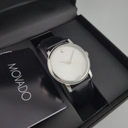  Shop Authentic Movado Museum Quartz Silver Dial Black Leather Strap Watch For Men - 2100001 - Luxxuri