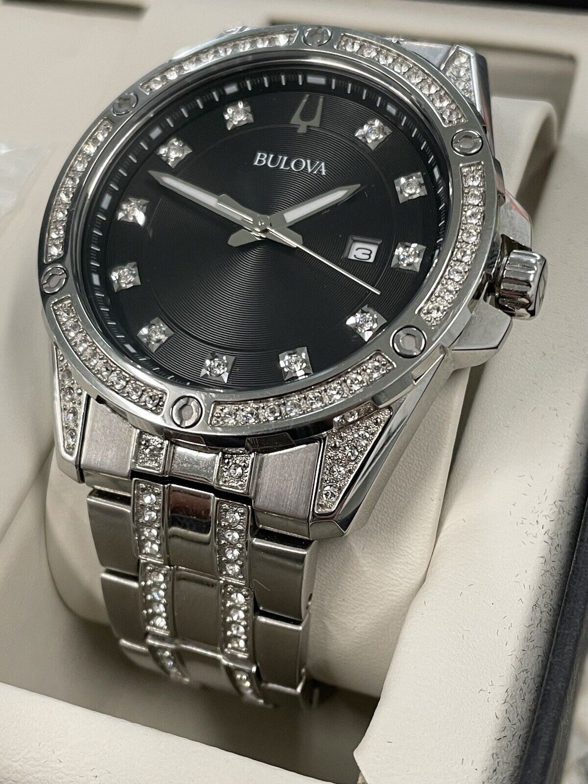  Shop Authentic Bulova Crystal Collection Black Dial Silver Steel Strap Watch for Men - 96K104 - Luxxuri