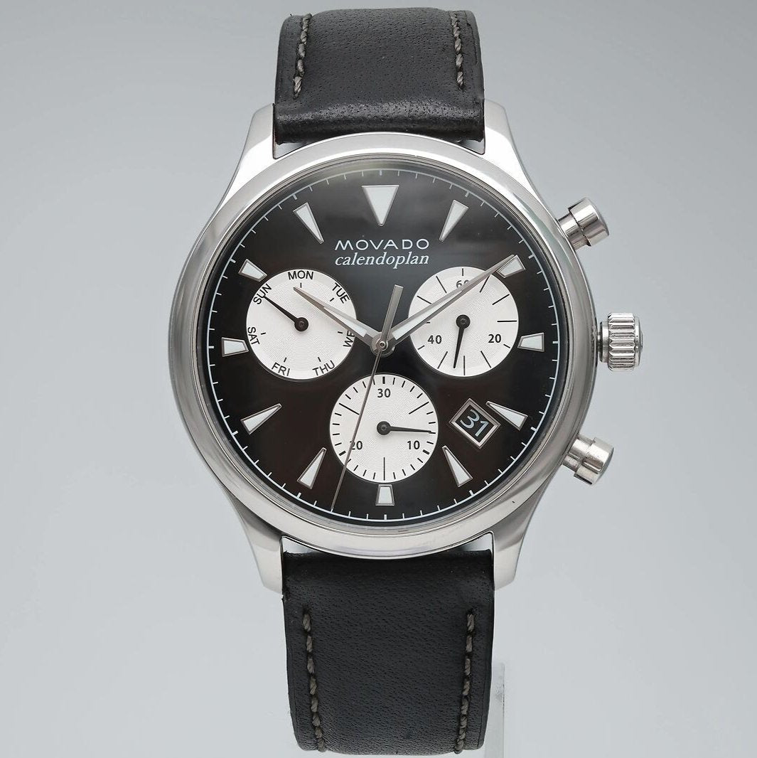  Shop Authentic Movado Heritage Chronograph Black Dial Black Leather Strap Watch for Men - 3650005 - Luxxuri