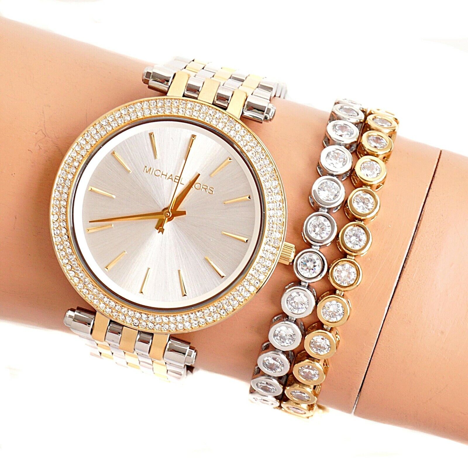  Shop Authentic Michael Kors Darci Silver Dial Two Tone Stainless Steel Strap Watch for Women - MK3215 - Luxxuri
