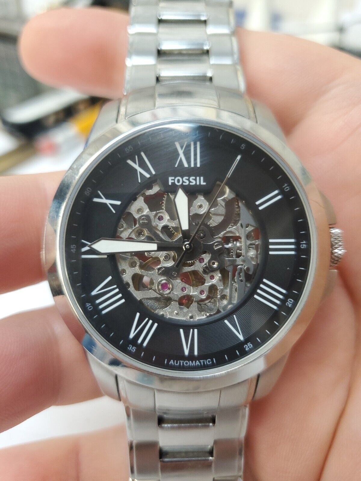  Shop Authentic Fossil Grant Automatic Skeleton Black Dial Silver Steel Strap Watch for Men - ME3103 - Luxxuri