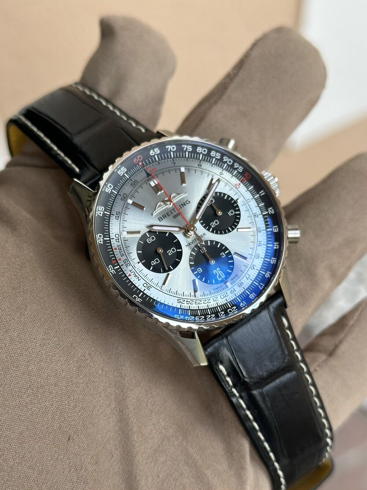  Shop Authentic Breitling Navitimer B01 Chronograph 43 Blue Dial Black Leather Strap Watch for Men - AB0138241C1P1 - Luxxuri