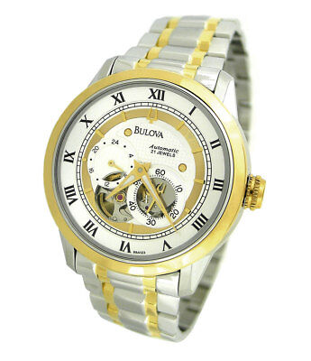  Shop Authentic Bulova BVA Skeleton Silver Dial Two Tone Steel Strap Watch for Men - 98A123 - Luxxuri
