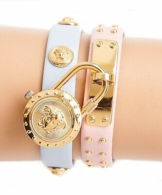 Shop Authentic Versace Medusa Lock Icon Quartz Gold Dial Pink & Blue Leather Strap Watch For Women - VEDW00219 - Luxxuri
