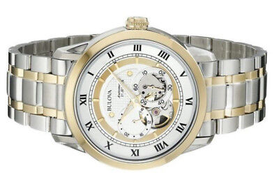  Shop Authentic Bulova BVA Skeleton Silver Dial Two Tone Steel Strap Watch for Men - 98A123 - Luxxuri