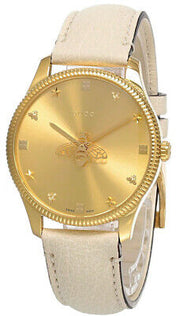  Shop Authentic Gucci G Timeless Quartz Gold Dial Beige Leather Strap Watch For Women - YA1264180 - Luxxuri