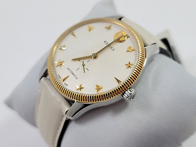 Shop Authentic Gucci G Timeless Automatic Silver Dial Beige Leather Strap Watch For Men - YA126348 - Luxxuri