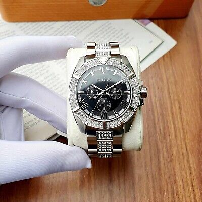  Shop Authentic Bulova Crystal Collection Chronograph Black Dial Two Tone Steel Strap Watch for Men - 96C126 - Luxxuri