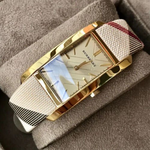  Shop Authentic Burberry Pioneer Champagne Dial Haymarket Beige Leather Strap Watch for Women - BU9407 - Luxxuri