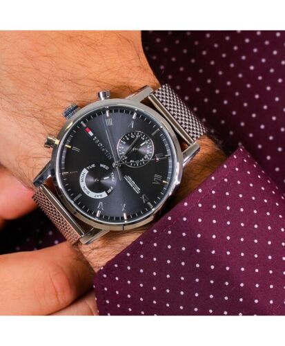  Shop Authentic Tommy Hilfiger Kane Black Dial Silver Mesh Bracelet Watch for Men - 1710402 - Luxxuri