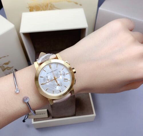  Shop Authentic Burberry The City White Dial Haymarket Beige Leather Strap Watch for Women - BU9752 - Luxxuri