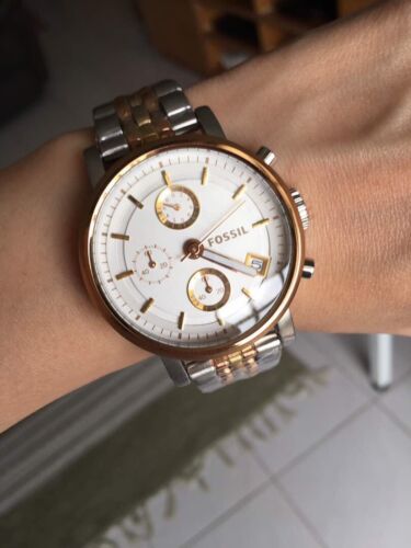  Shop Authentic Fossil Boyfriend Chronograph White Dial Two Tone Steel Strap Watch for Women - ES3840 - Luxxuri