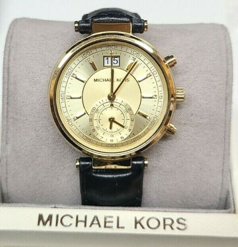  Shop Authentic Michael Kors Sawyer Champagne Dial Black Leather Strap Watch for Women - MK2433 - Luxxuri