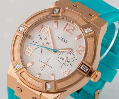  Shop Authentic Guess Jet Setter White Dial Turquoise Silicone Strap Watch For Women - W0564L3 - Luxxuri