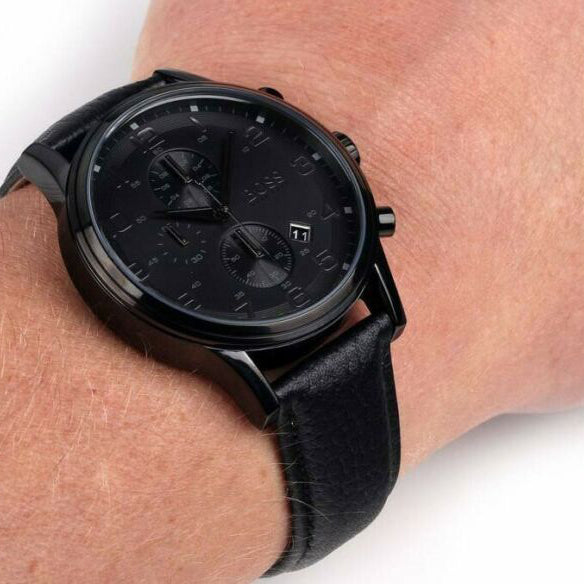  Shop Authentic Hugo Boss Blackout Chronograph Black Dial Black Leather Strap Watch For Men - HB1512567 - Luxxuri