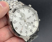  Shop Authentic Hugo Boss Aeroliner Chronograph White Dial Silver Steel Strap Watch For Men - 1512445 - Luxxuri