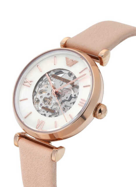  Shop Authentic Emporio Armani Meccanico Silver Skeleton Dial Beige Leather Strap Watch For Women - AR60001 - Luxxuri