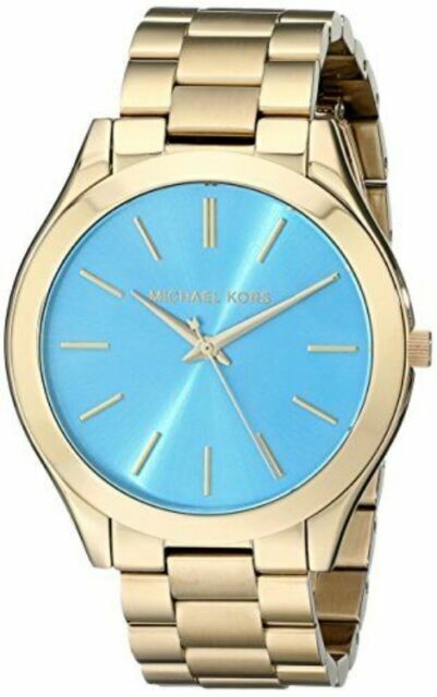  Shop Authentic Michael Kors Slim Runway Blue Dial Gold Steel Strap Watch for Women - MK3265 - Luxxuri