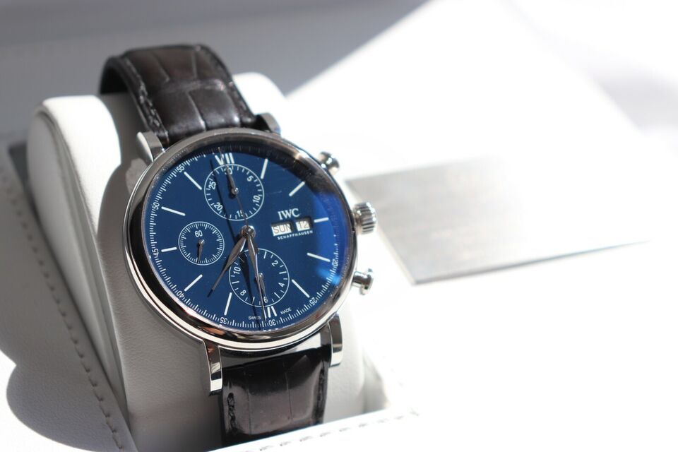  Shop Authentic IWC Portofino Chronograph Blue Dial Black Leather Strap Watch for Men - IW391023 - Luxxuri