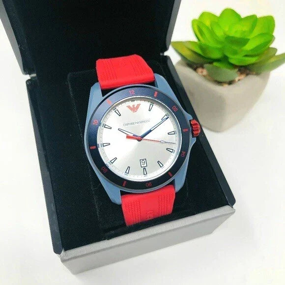 Emporio Armani Sigma Silver Dial Red Silicone Strap Watch for Men - AR11219