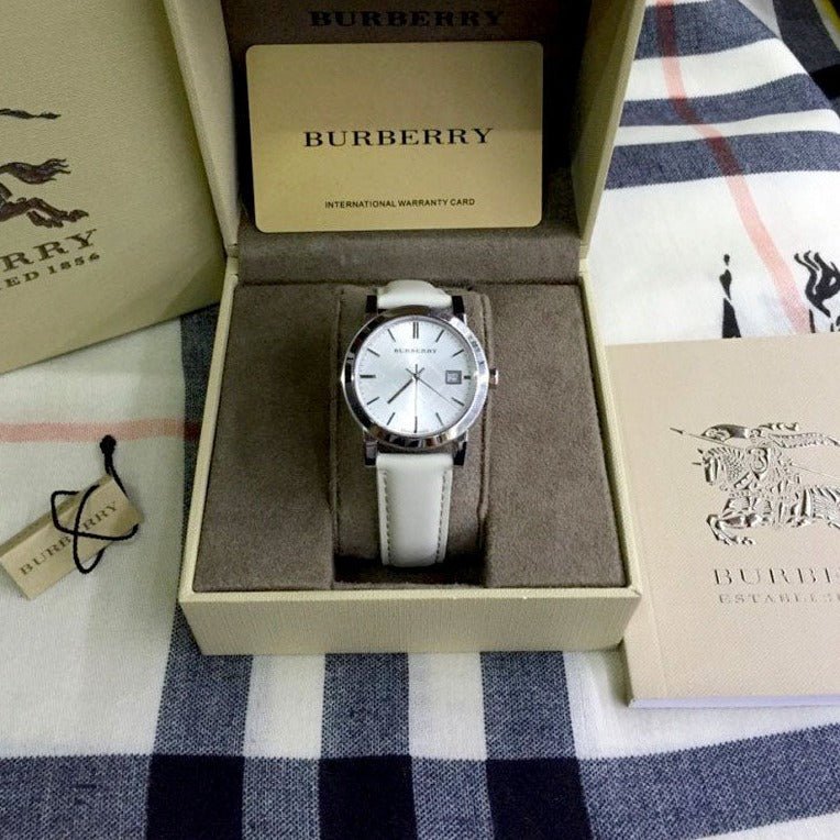  Shop Authentic Burberry The City White Dial White Leather Strap Watch for Women - BU9128 - Luxxuri