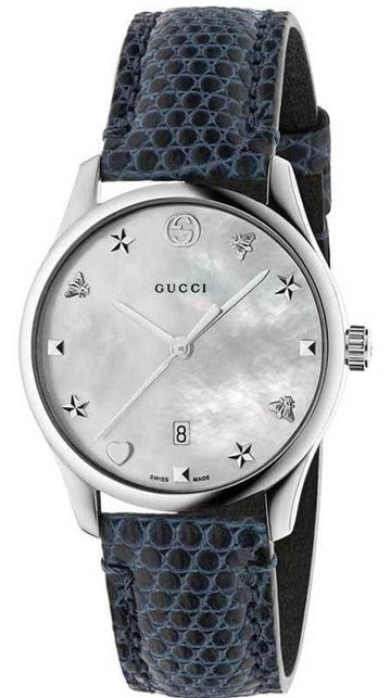  Shop Authentic Gucci G-Timeless Signature Mother of Pearl Silver Dial Blue Leather Strap Watch For Women - YA1264049 - Luxxuri