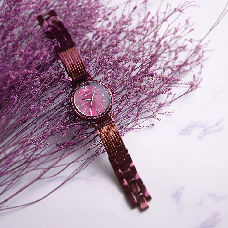  Shop Authentic Guess Soho Pink Dial Pink Mesh Bracelet Watch For Women - W0638L6 - Luxxuri