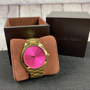  Shop Authentic Michael Kors Slim Runway Pink Dial Rose Gold Steel Strap Watch for Women - MK3264 - Luxxuri