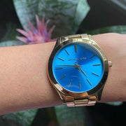 Shop Authentic Michael Kors Slim Runway Blue Dial Gold Steel Strap Watch for Women - MK3265 - Luxxuri