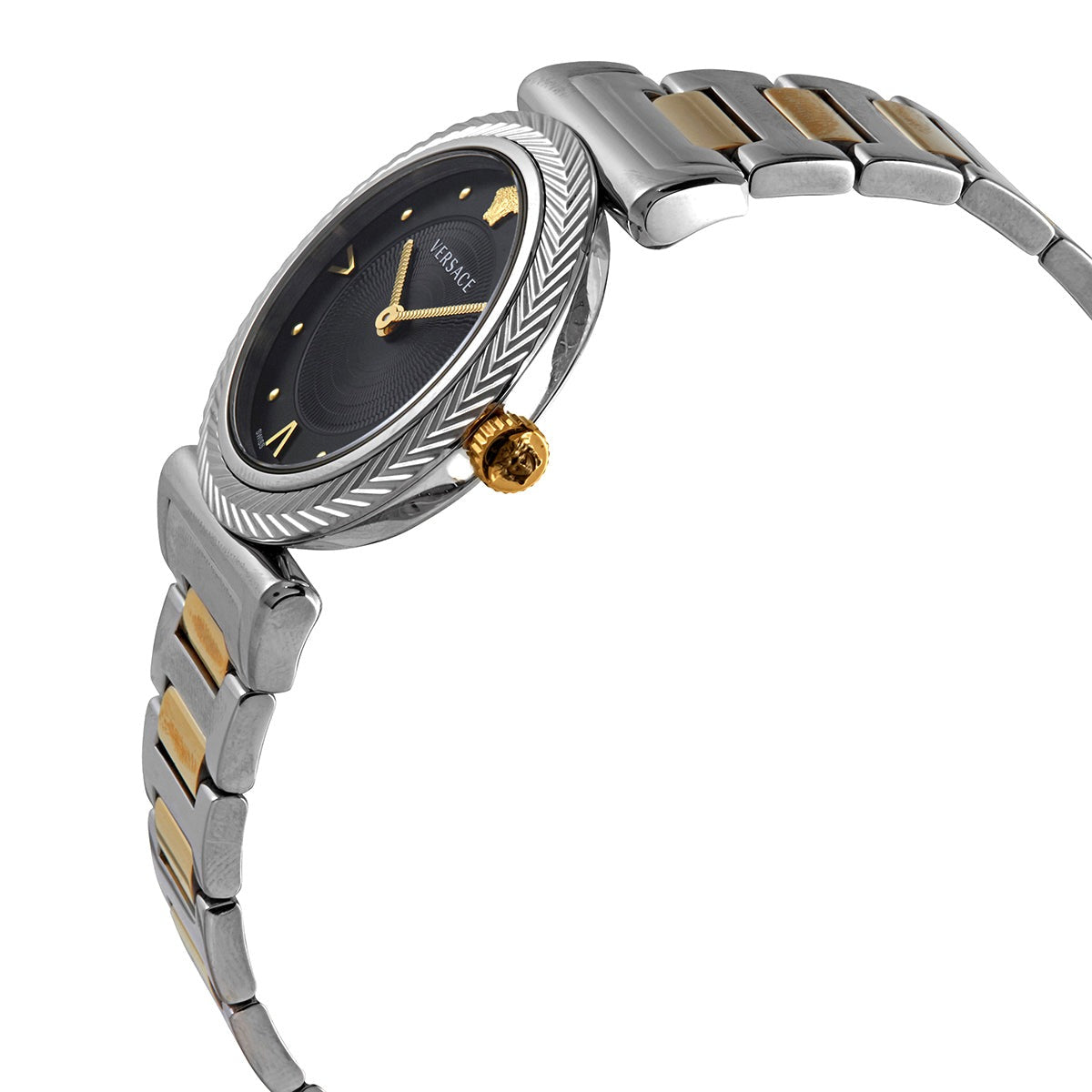  Shop Authentic Versace V-Motif Black Dial Two Tone Steel Strap Watch for Women - VERE00518 - Luxxuri