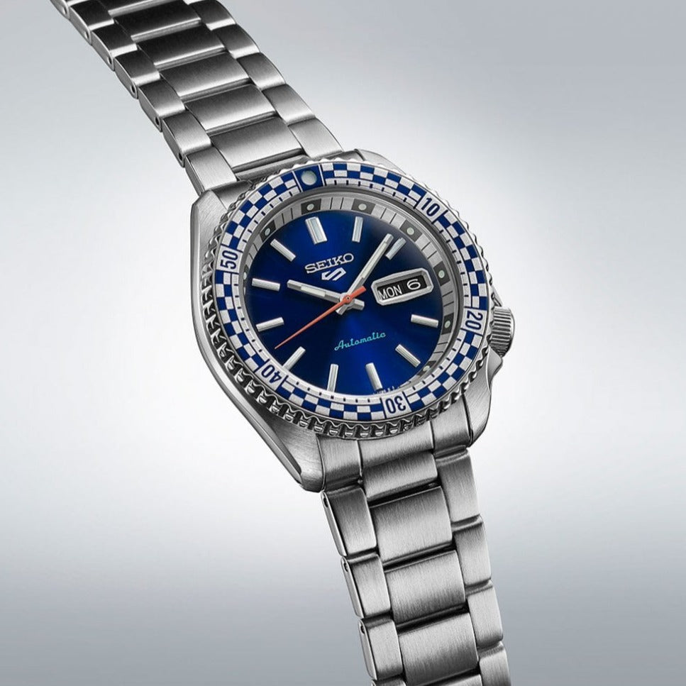  Shop Authentic Seiko 5 Sports Petrol Blue Checker Flag Special Edition Blue Dial Silver Steel Strap Watch For Men - SRPK65K1 - Luxxuri