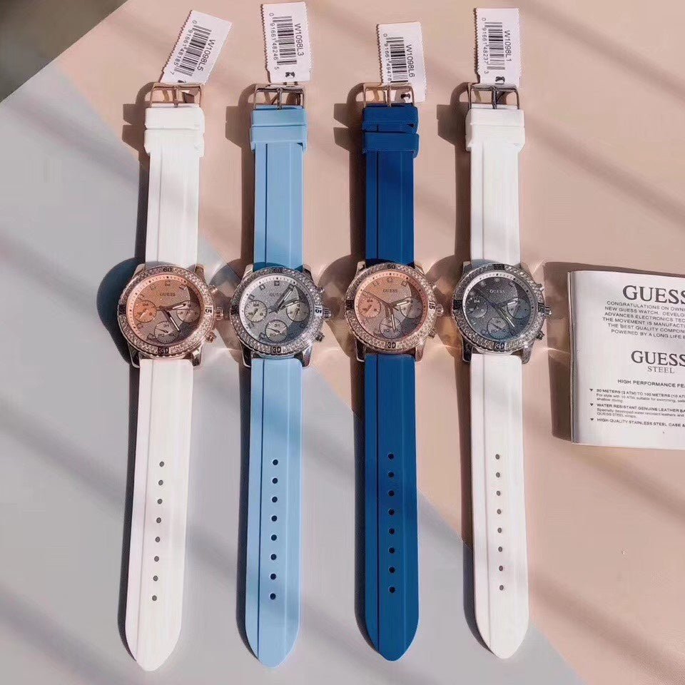  Shop Authentic Guess Confetti Crystal Silver Dial Blue Rubber Strap Watch For Women - W1098L3 - Luxxuri