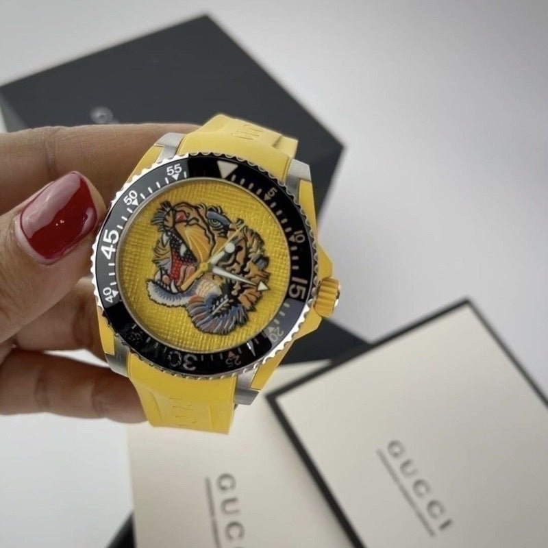  Shop Authentic Gucci Dive Tiger Yellow Dial Yellow Rubber Strap Watch For Men - YA136317 - Luxxuri