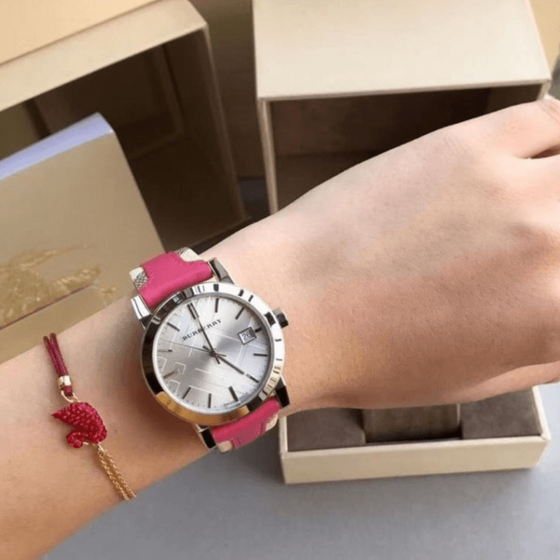  Shop Authentic Burberry The City White Dial Haymarket Pink Leather Strap Watch for Women - BU9149 - Luxxuri