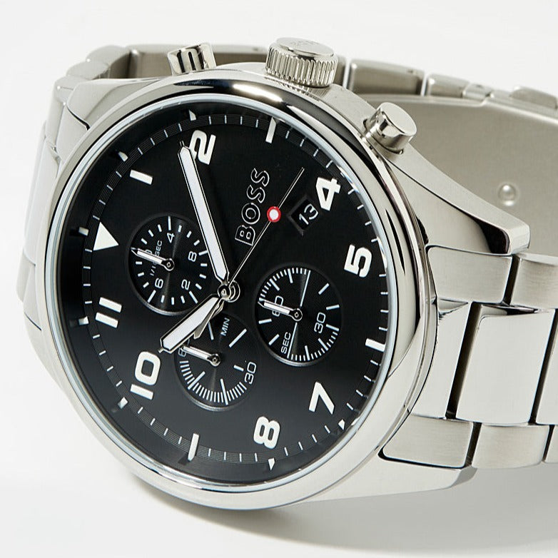 Shop Authentic Hugo Boss View Chronograph Black Dial Silver Steel Strap Watch For Men - 1514008 - Luxxuri