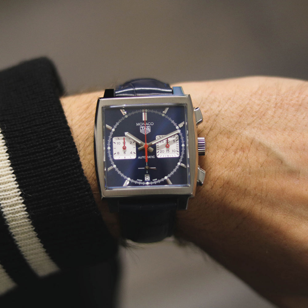  Shop Authentic Tag Heuer Monaco Automatic Chronograph Blue Dial Blue Leather Strap Watch for Men - CBL2111.FC6453 - Luxxuri